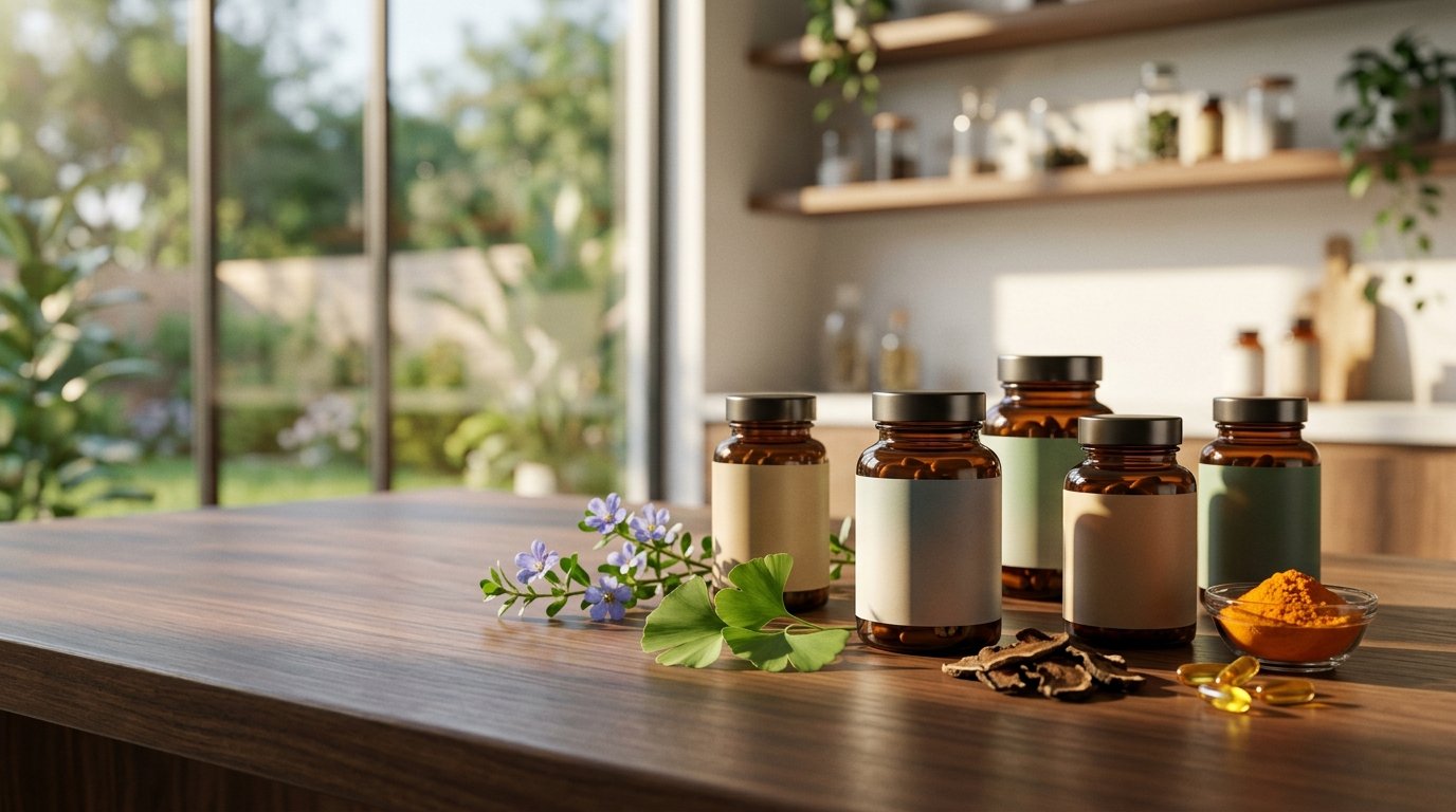 A curated selection of brain health supplement bottles and capsules alongside a modern anatomical illustration of the human brain, representing a scientific approach to cognitive support.