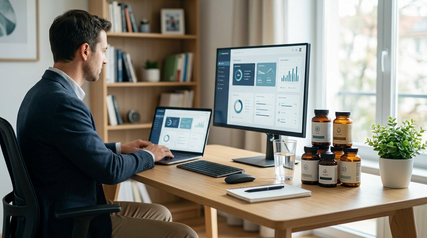 Solopreneur working efficiently with a curated dashboard of productivity tools on multiple screens