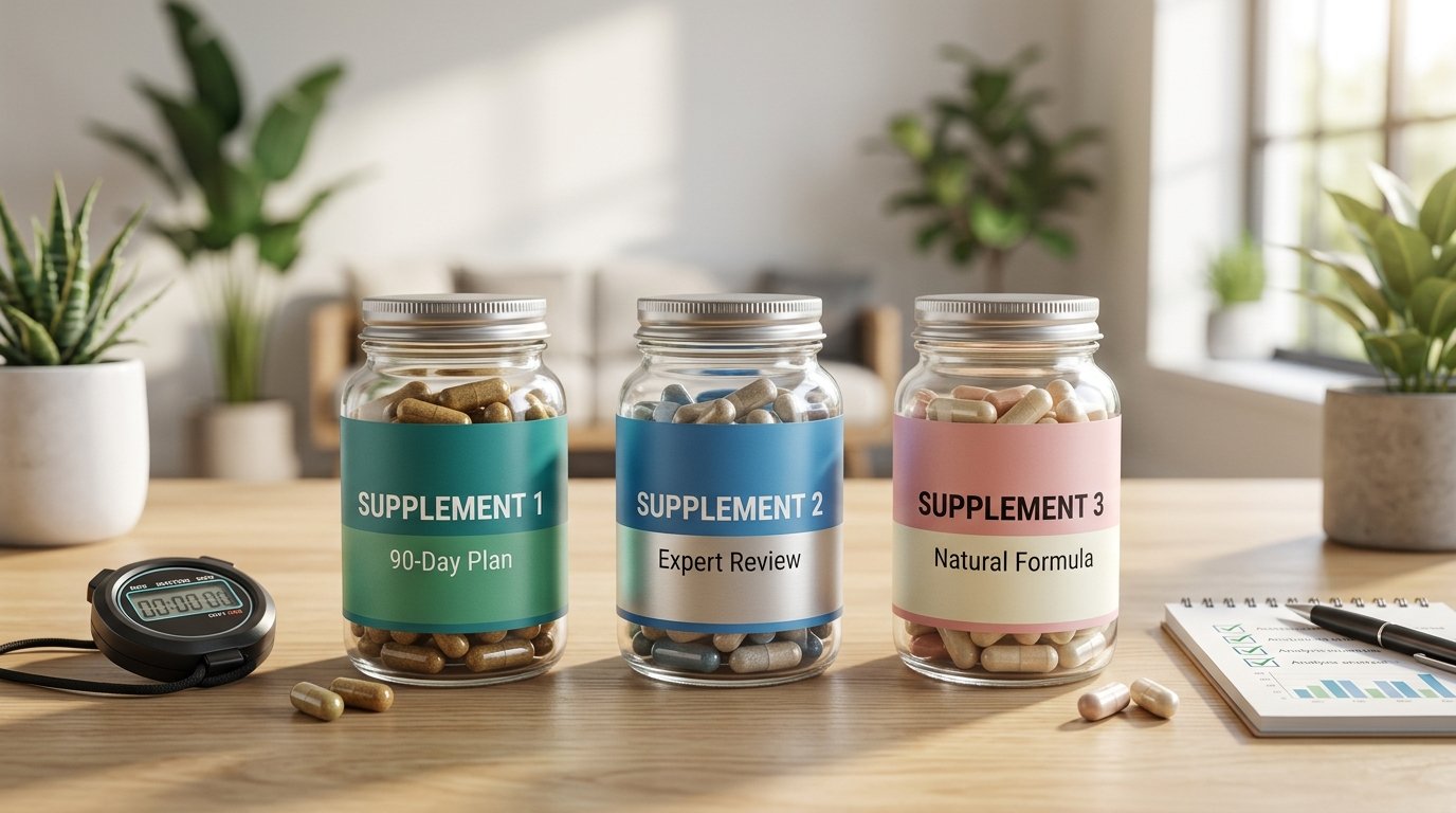 Three weight loss supplement bottles labeled Mitolyn, PhenQ, and Leanbean on a scale with fresh fruits and vegetables
