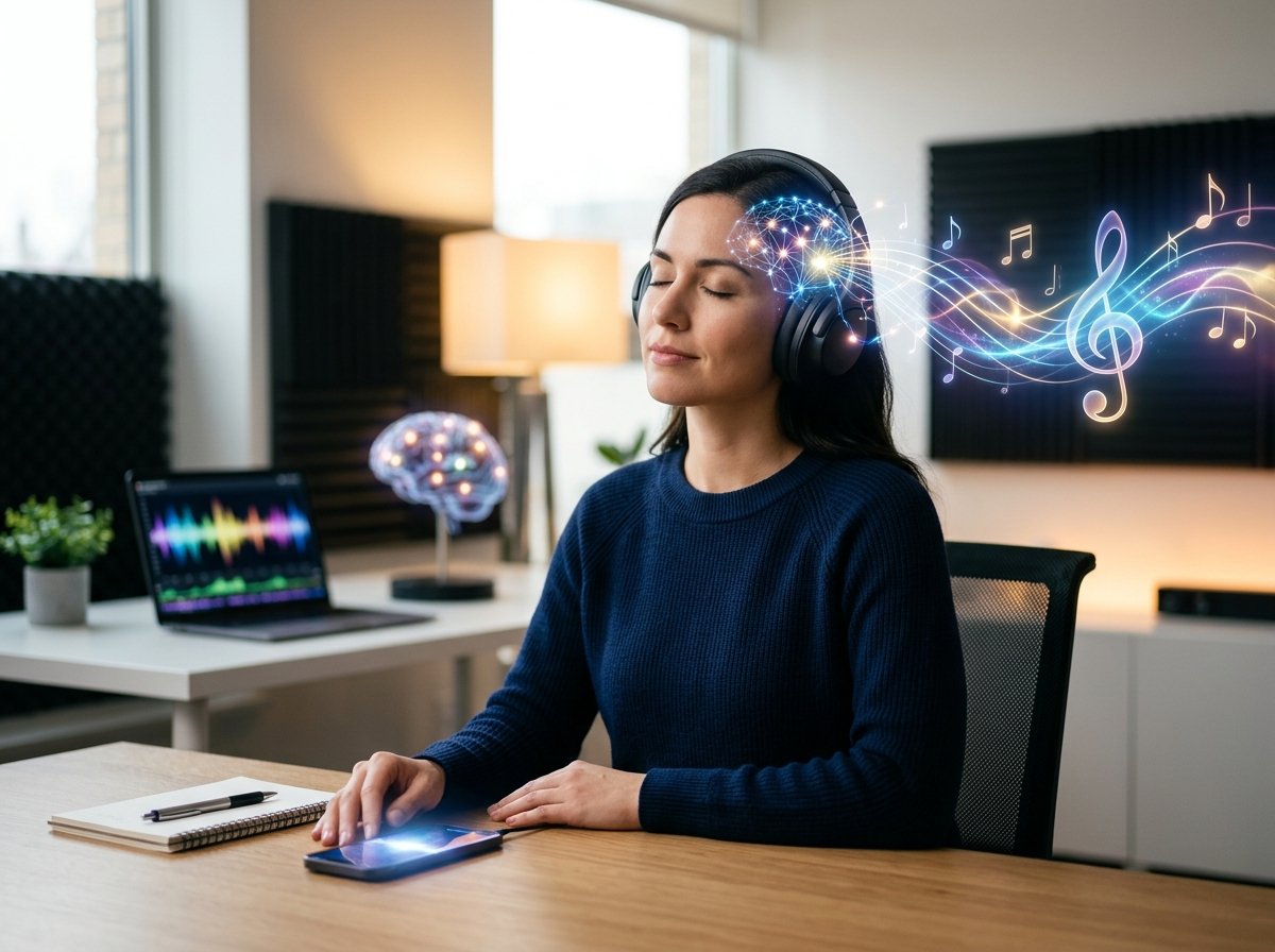 A peaceful, organized home office setup with a laptop, notebook, and headphones, representing the calm focus achieved with Neuro Energizer