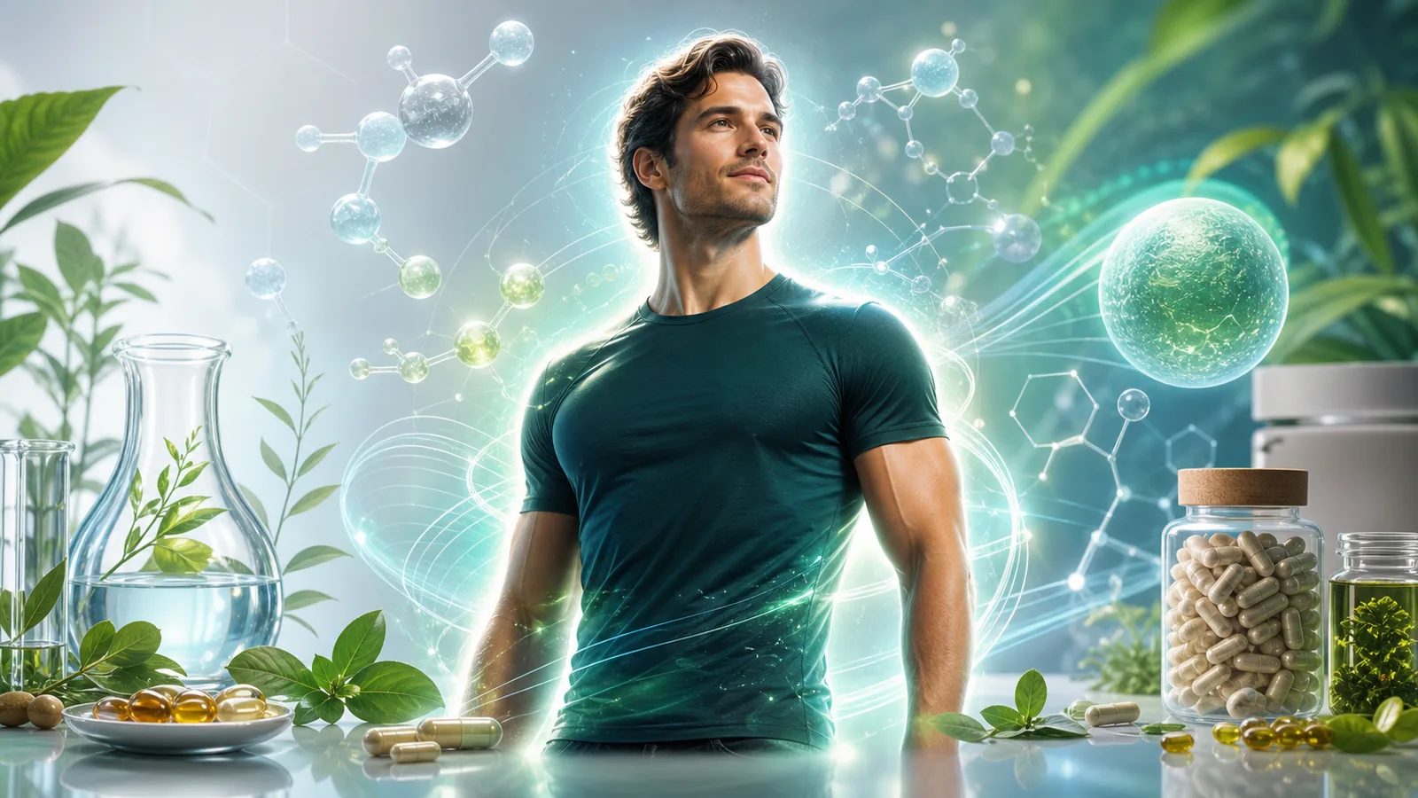 Person feeling energetic with futuristic elements representing energy supplements