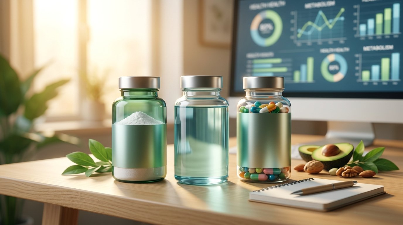 A clinical testing setup featuring a Keto-Mojo GK+ blood ketone monitor, three supplement bottles labeled NuviaLab Keto, Keto Charge, and Perfect Keto, and a laboratory notebook with plotted data charts from the 2026 study.
